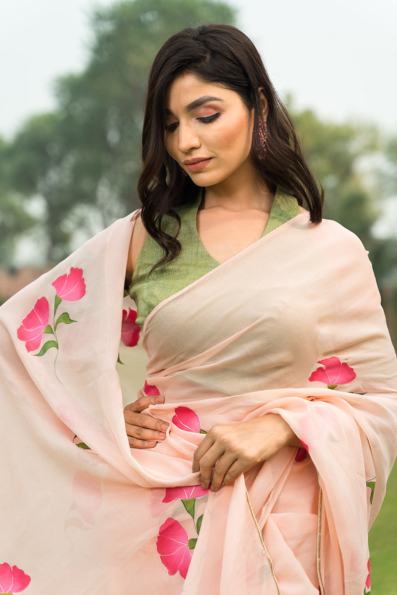 Hand-Painted Peach Floral Pure Chinon Chiffon Saree