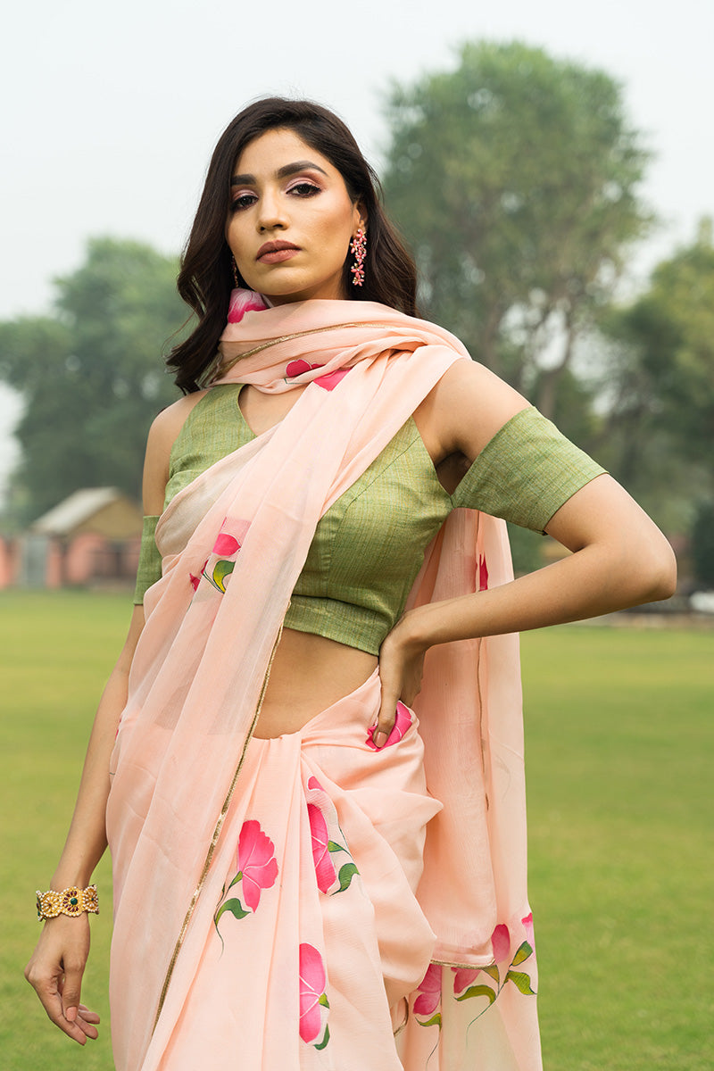 Hand-Painted Peach Floral Pure Chinon Chiffon Saree