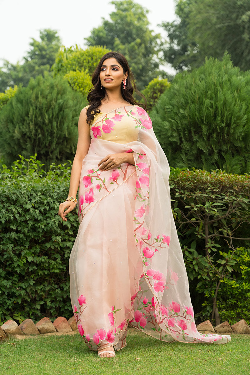 Hand-Painted Powder Pink Magnolia Silk Organza Saree