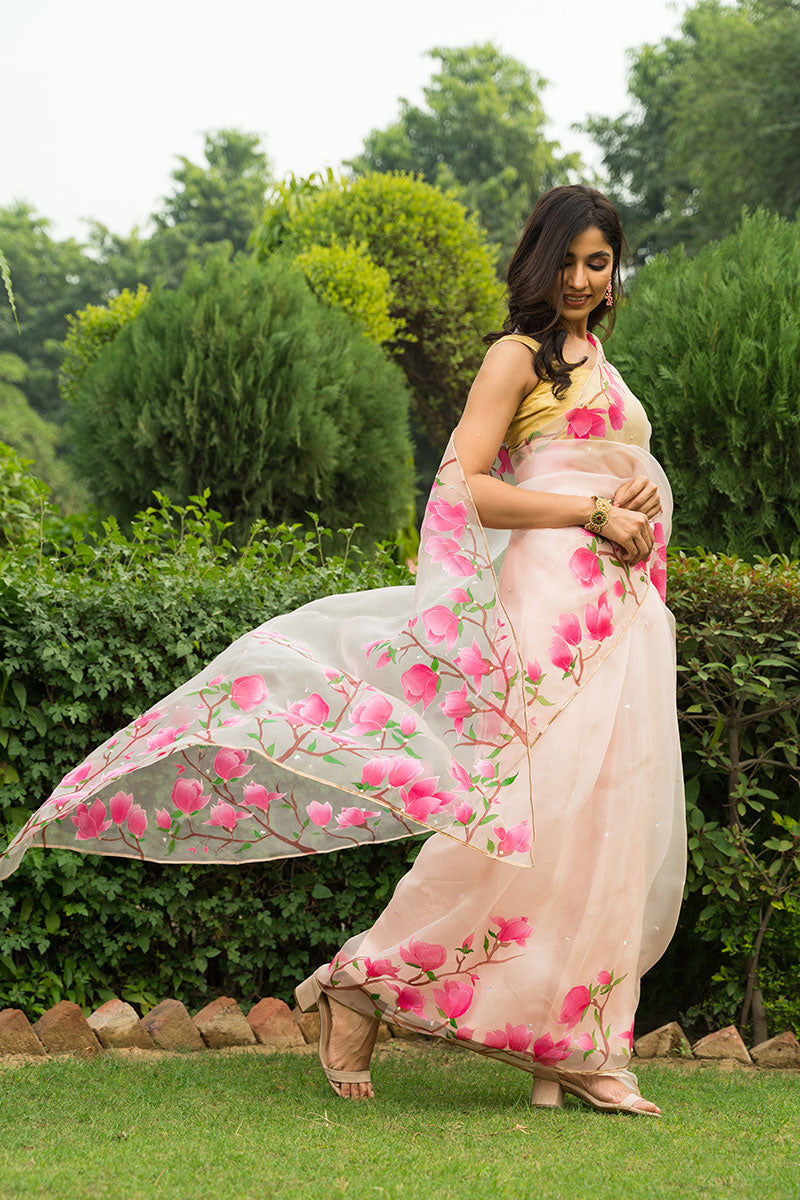 Hand-Painted Powder Pink Magnolia Silk Organza Saree