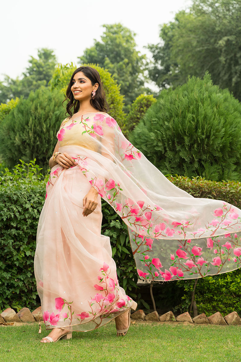 Hand-Painted Powder Pink Magnolia Silk Organza Saree