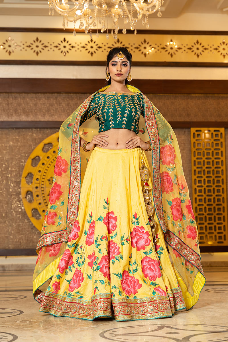 Handpainted Yellow Peony Raw Silk Lehenga