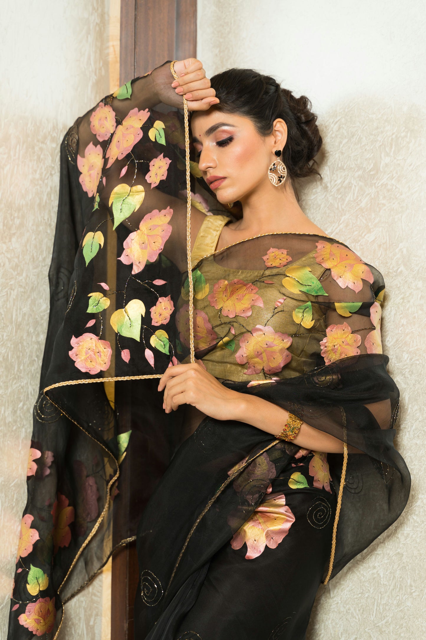 Hand-Painted Black Golden Rose Silk Organza Saree