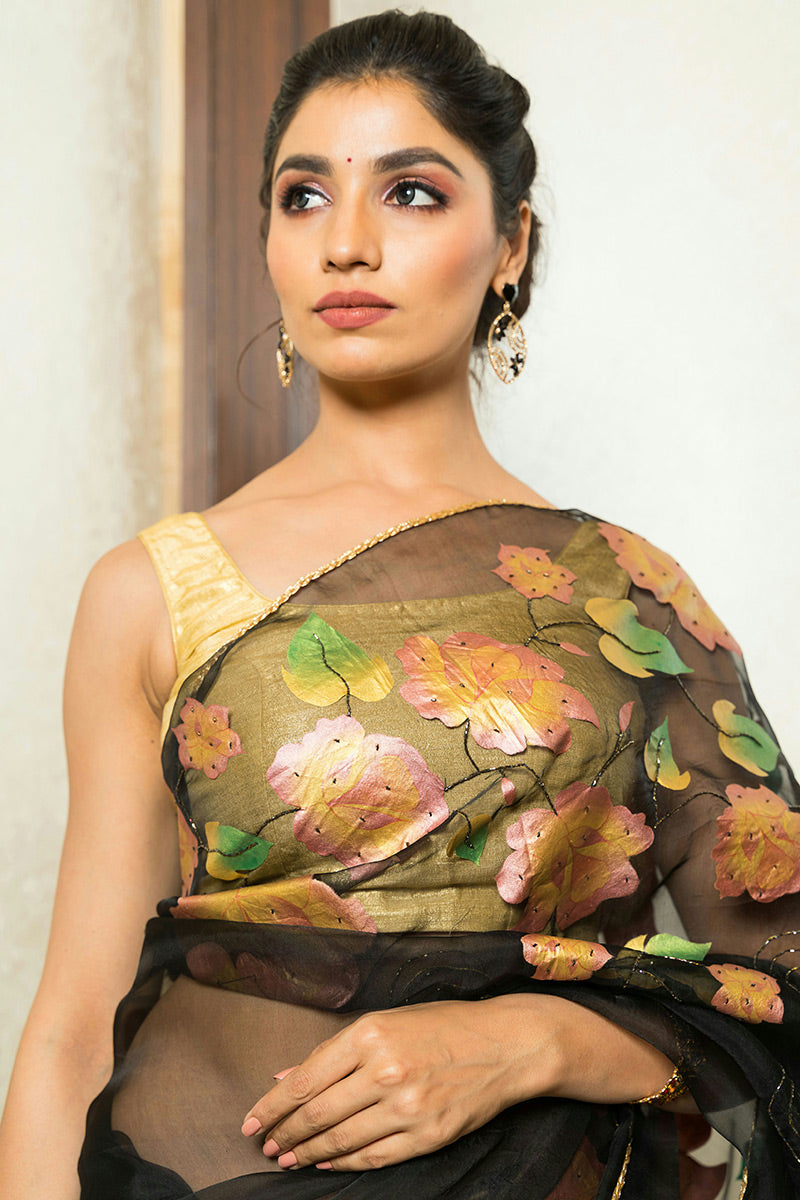 Hand-Painted Black Golden Rose Silk Organza Saree