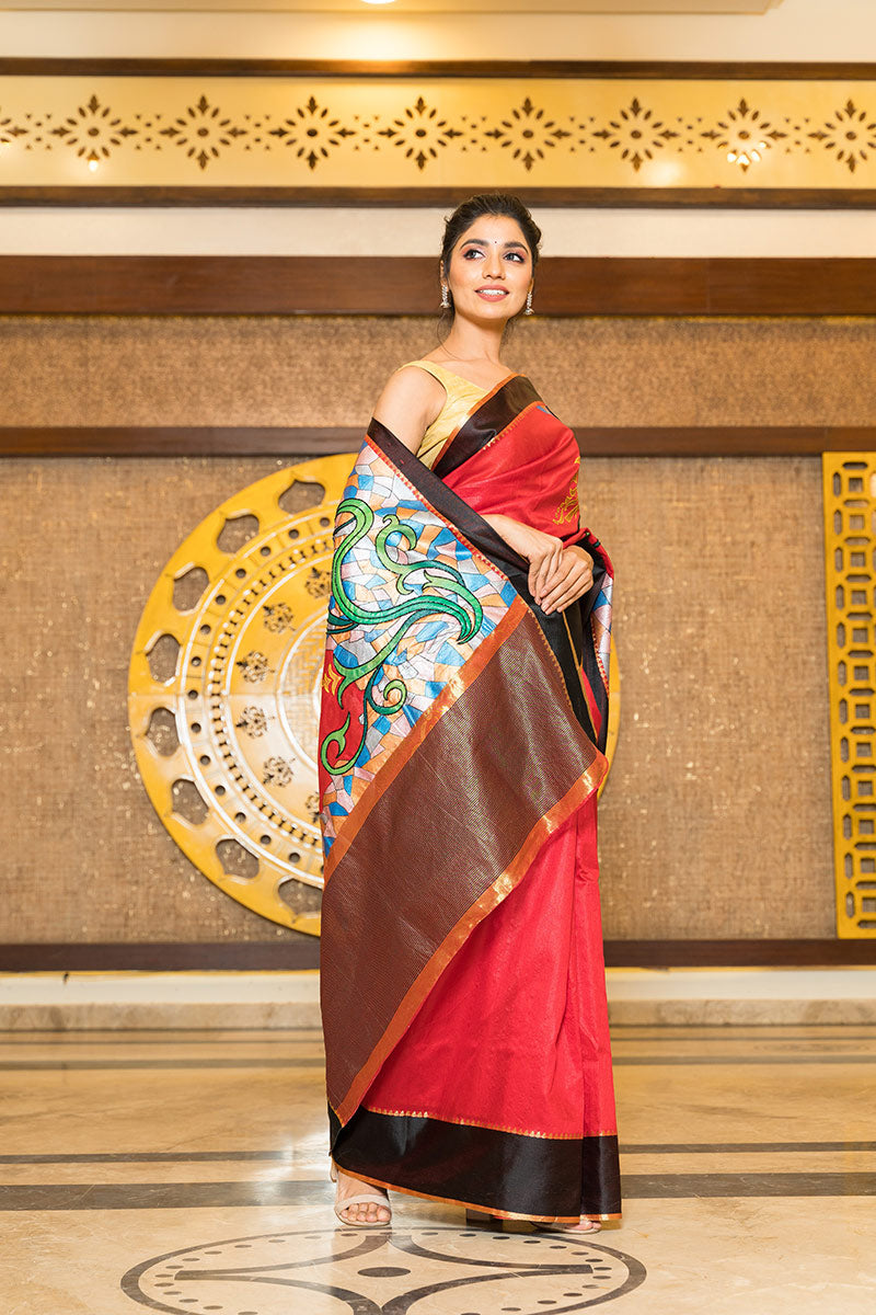 Hand-Painted Red and Black Handloom Sambalpuri Silk Saree