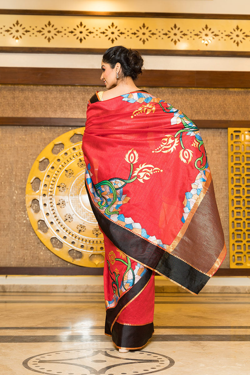 Hand-Painted Red and Black Handloom Sambalpuri Silk Saree