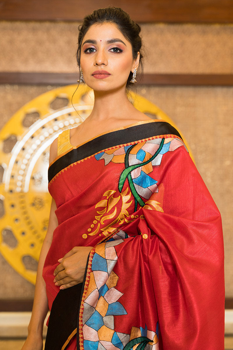 Hand-Painted Red and Black Handloom Sambalpuri Silk Saree