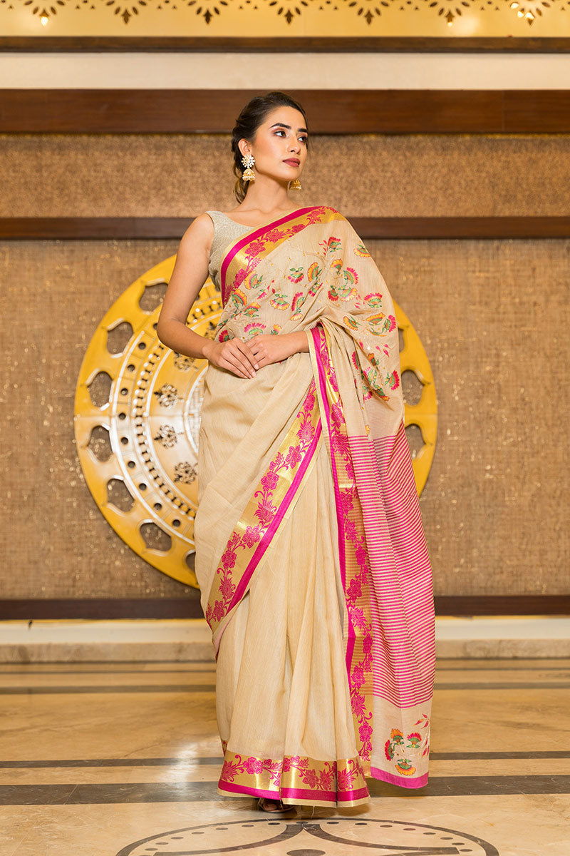 Hand-Painted Beige and Rani Pink Handloom Silk Voile Saree