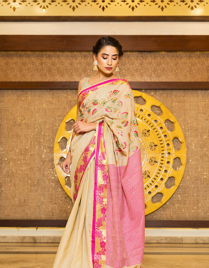 Hand-Painted Beige and Rani Pink Handloom Silk Voile Saree