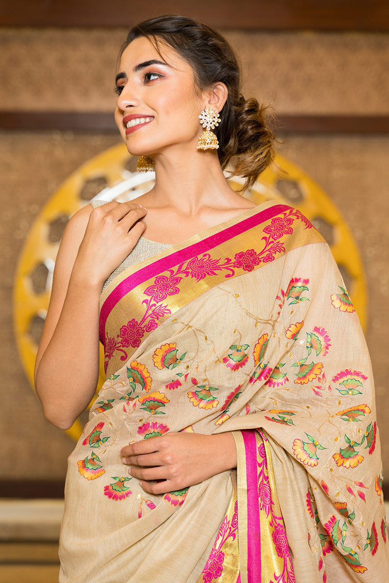 Hand-Painted Beige and Rani Pink Handloom Silk Voile Saree