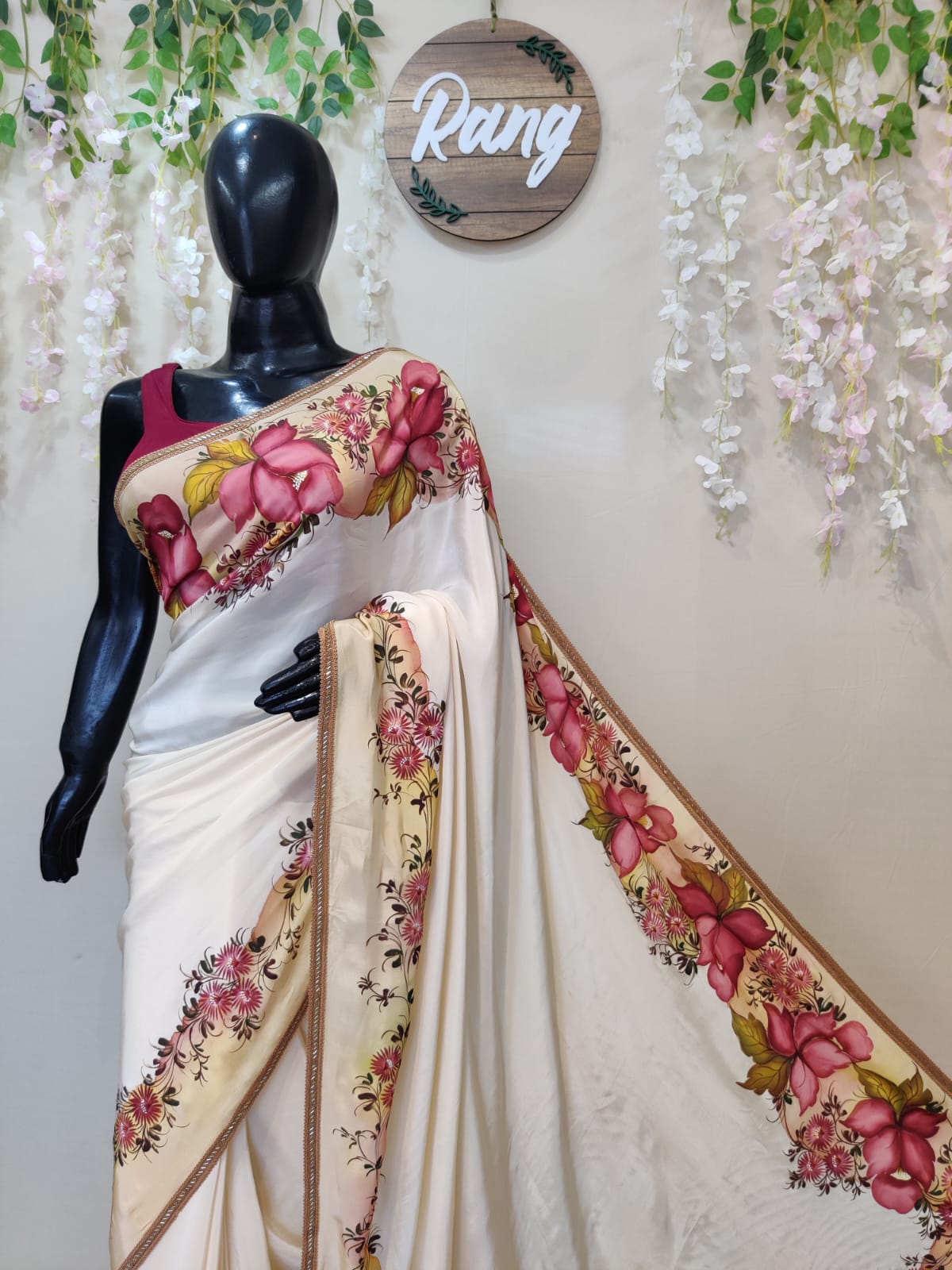 Hand-Painted Ivory Natural Crepe Saree