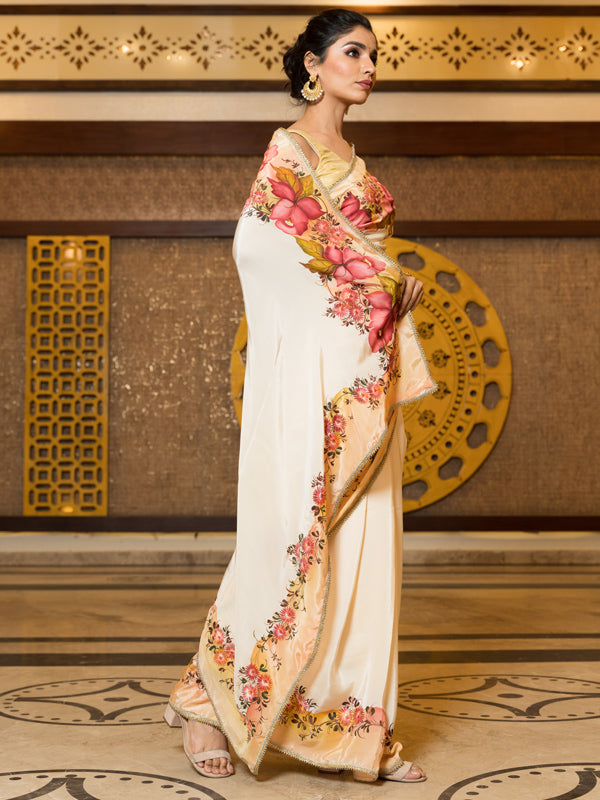 Hand-Painted Ivory Natural Crepe Saree