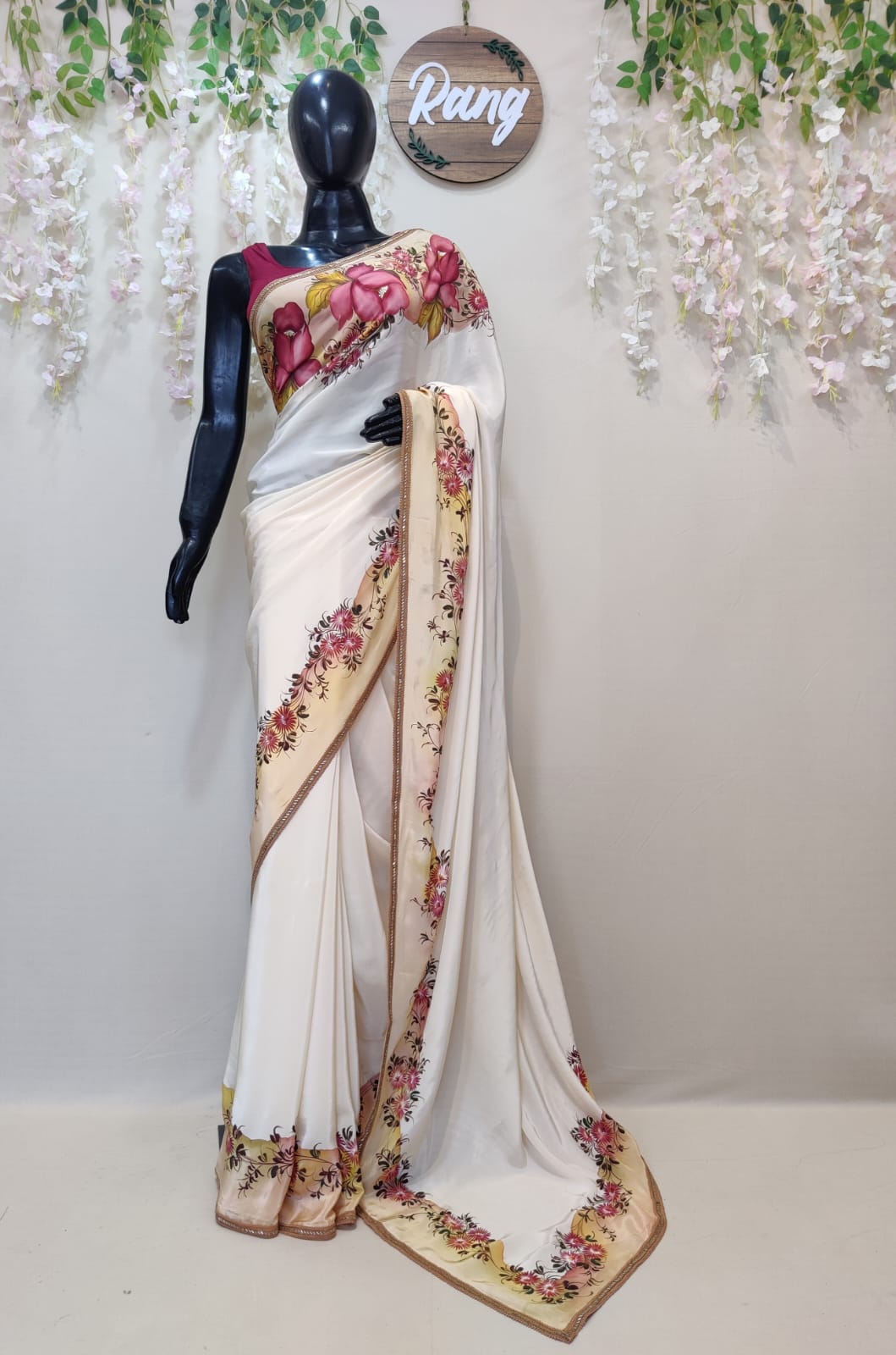 Hand-Painted Ivory Natural Crepe Saree