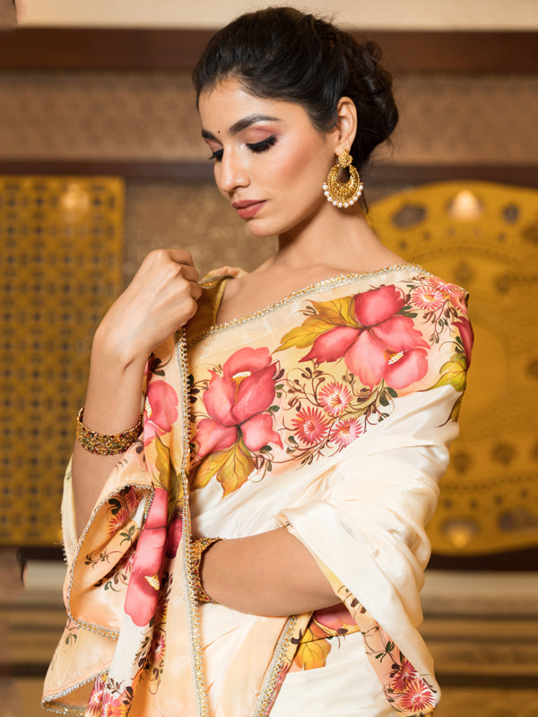 Hand-Painted Ivory Natural Crepe Saree