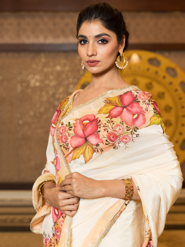 Hand-Painted Ivory Natural Crepe Saree