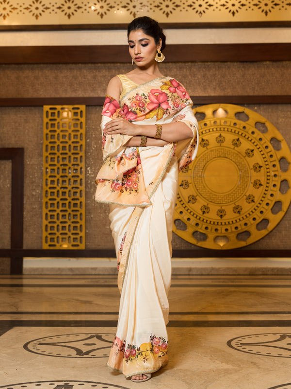 Hand-Painted Ivory Natural Crepe Saree