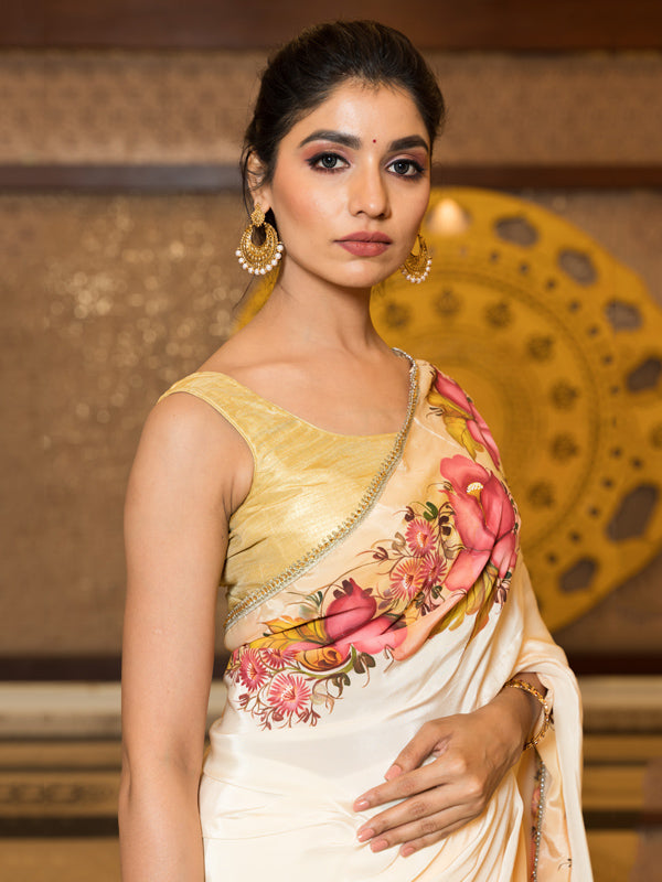 Hand-Painted Ivory Natural Crepe Saree