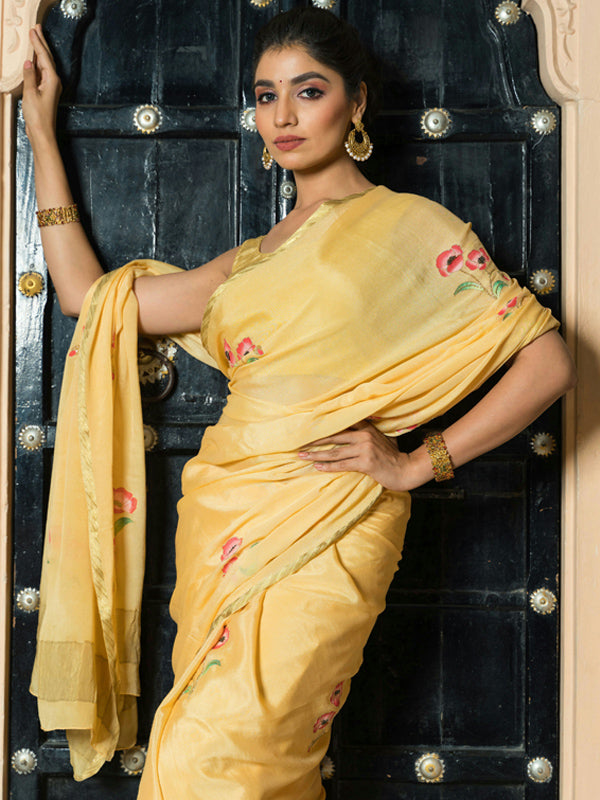 Hand-Painted Golden Yellow Pure Crepe Silk Saree