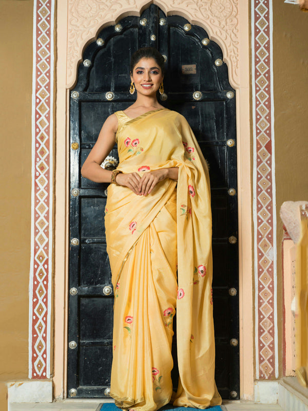 Hand-Painted Golden Yellow Pure Crepe Silk Saree