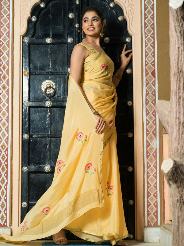 Hand-Painted Golden Yellow Pure Crepe Silk Saree