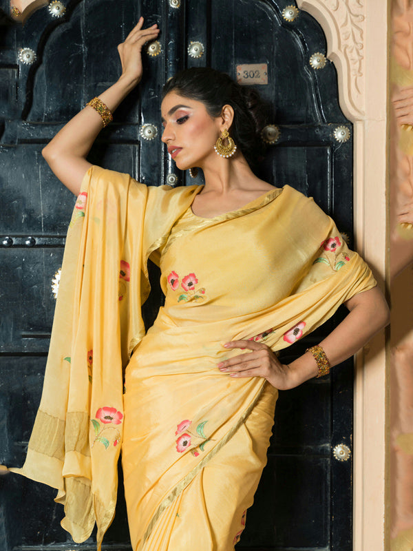 Hand-Painted Golden Yellow Pure Crepe Silk Saree