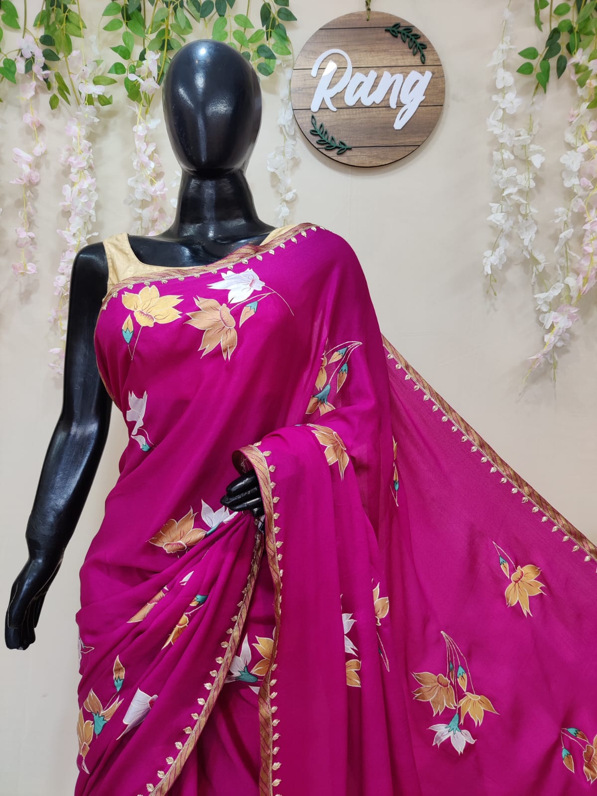 Hand-Painted Deep Magenta Pure Crepe Silk Saree