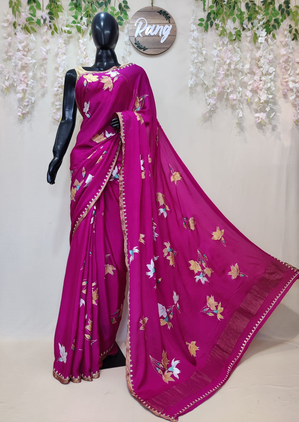 Hand-Painted Deep Magenta Pure Crepe Silk Saree