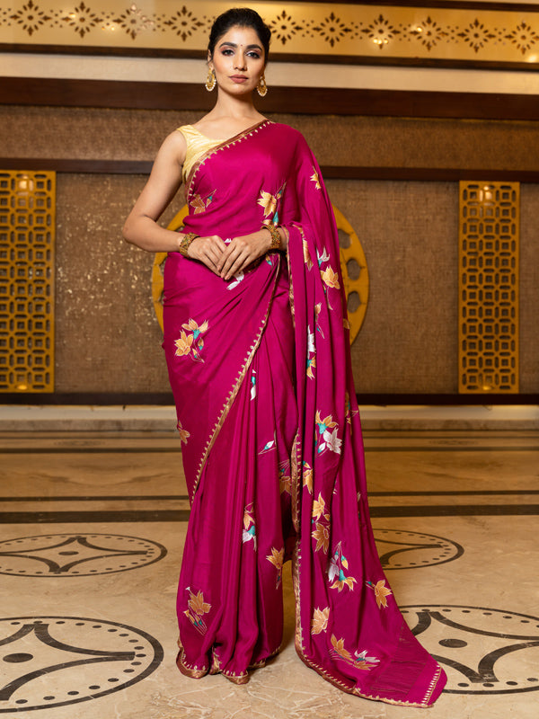 Hand-Painted Deep Magenta Pure Crepe Silk Saree