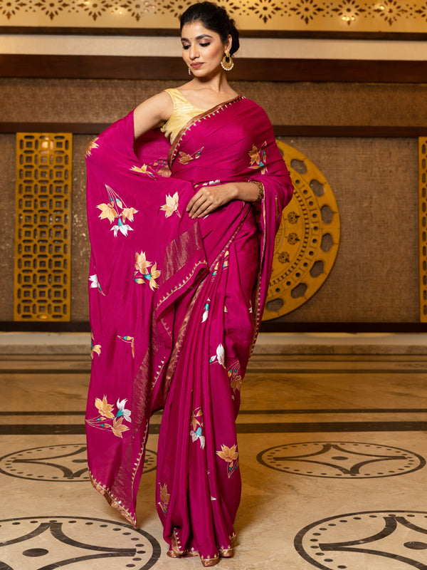 Hand-Painted Deep Magenta Pure Crepe Silk Saree