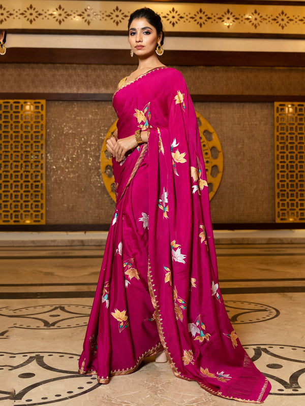 Hand-Painted Deep Magenta Pure Crepe Silk Saree