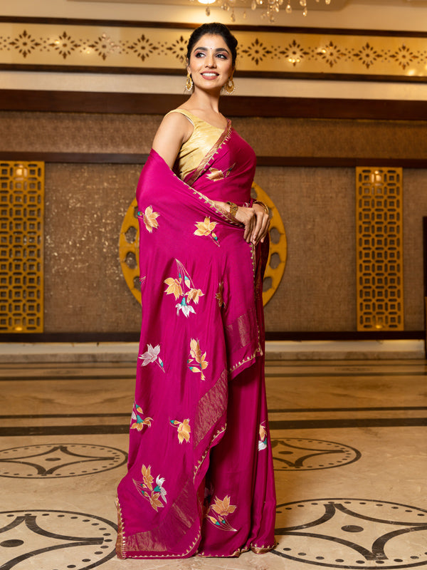 Hand-Painted Deep Magenta Pure Crepe Silk Saree
