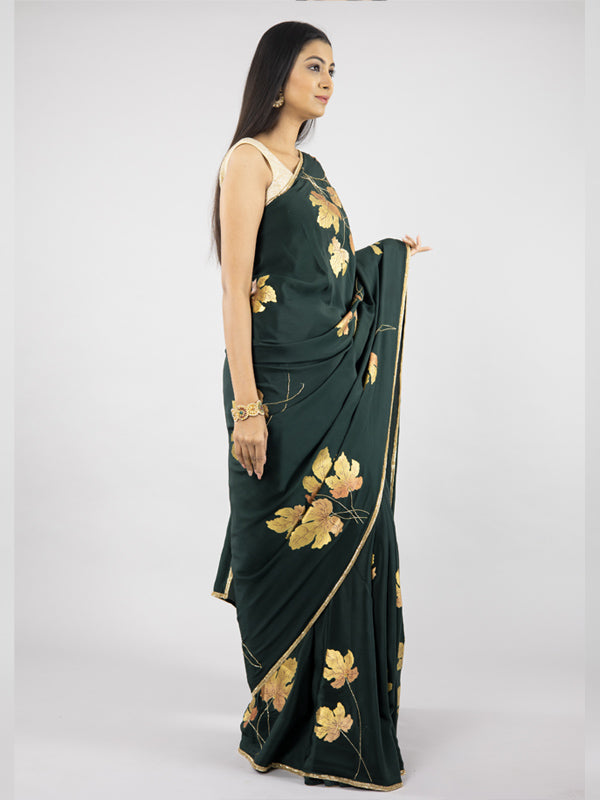 Hand-Painted Bottle Green Pure Crepe Silk Saree
