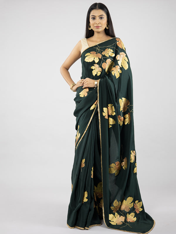 Hand-Painted Bottle Green Pure Crepe Silk Saree