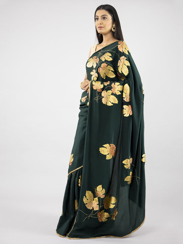 Hand-Painted Bottle Green Pure Crepe Silk Saree