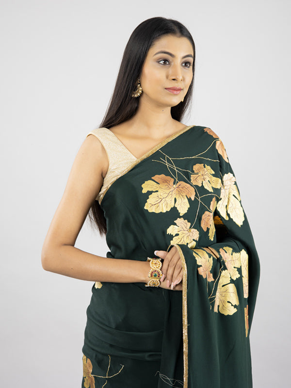 Hand-Painted Bottle Green Pure Crepe Silk Saree