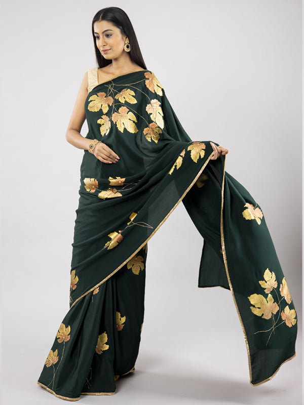 Hand-Painted Bottle Green Pure Crepe Silk Saree