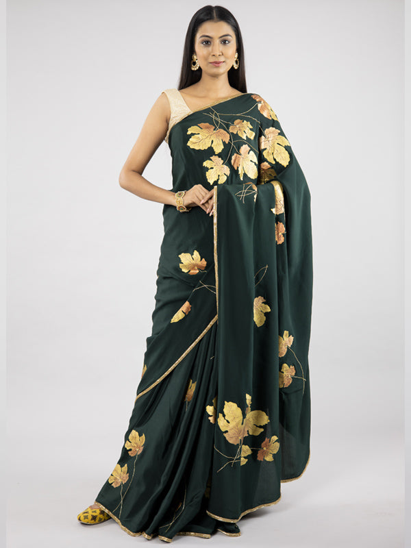 Hand-Painted Bottle Green Pure Crepe Silk Saree