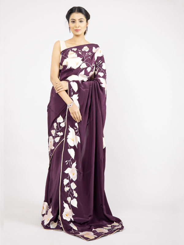 Hand-Painted Wine Crepe Silk Saree