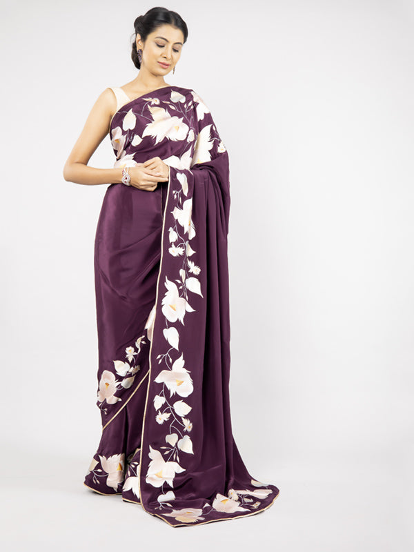 Hand-Painted Wine Crepe Silk Saree