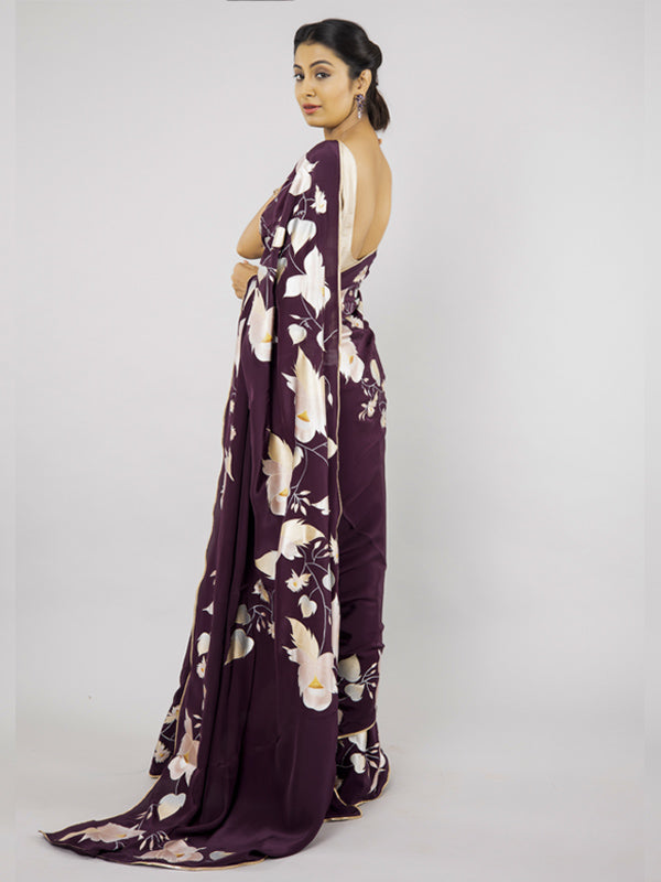 Hand-Painted Wine Crepe Silk Saree