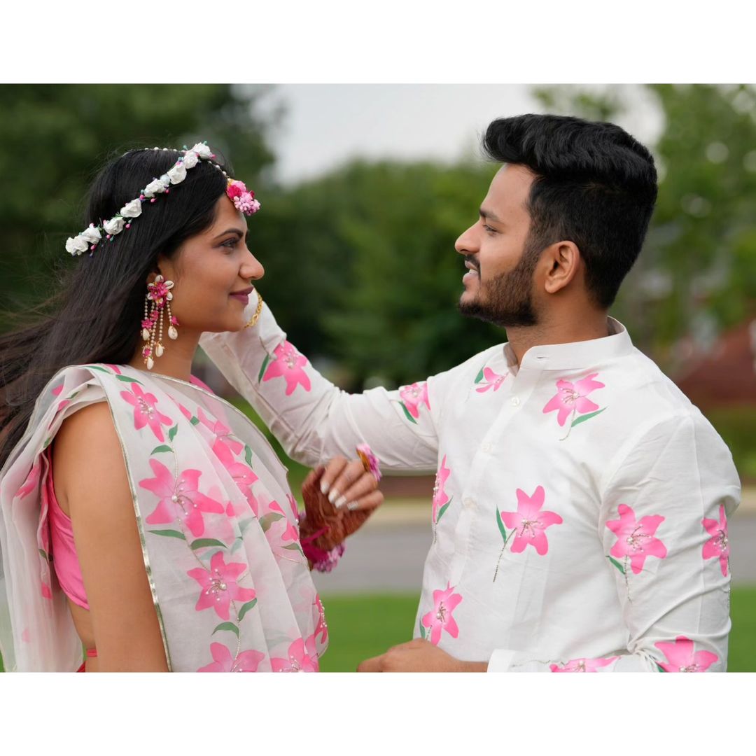Matching Hand-Painted Lily Silk Organza Saree and Kurta Set