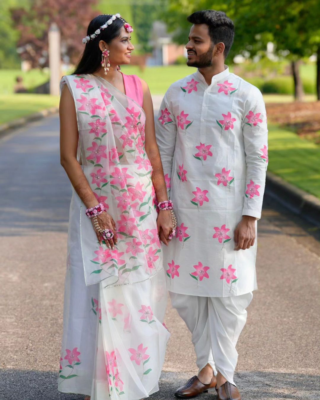 Matching Hand-Painted Lily Silk Organza Saree and Kurta Set