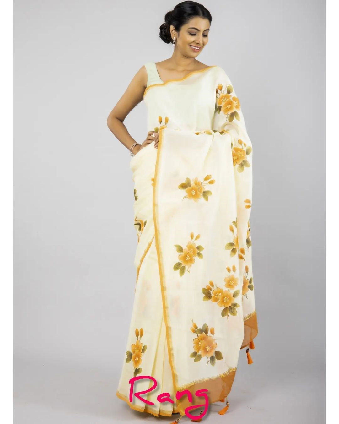 Hand-Painted Lemon Yellow Mustard Flower Chanderi Silk Saree
