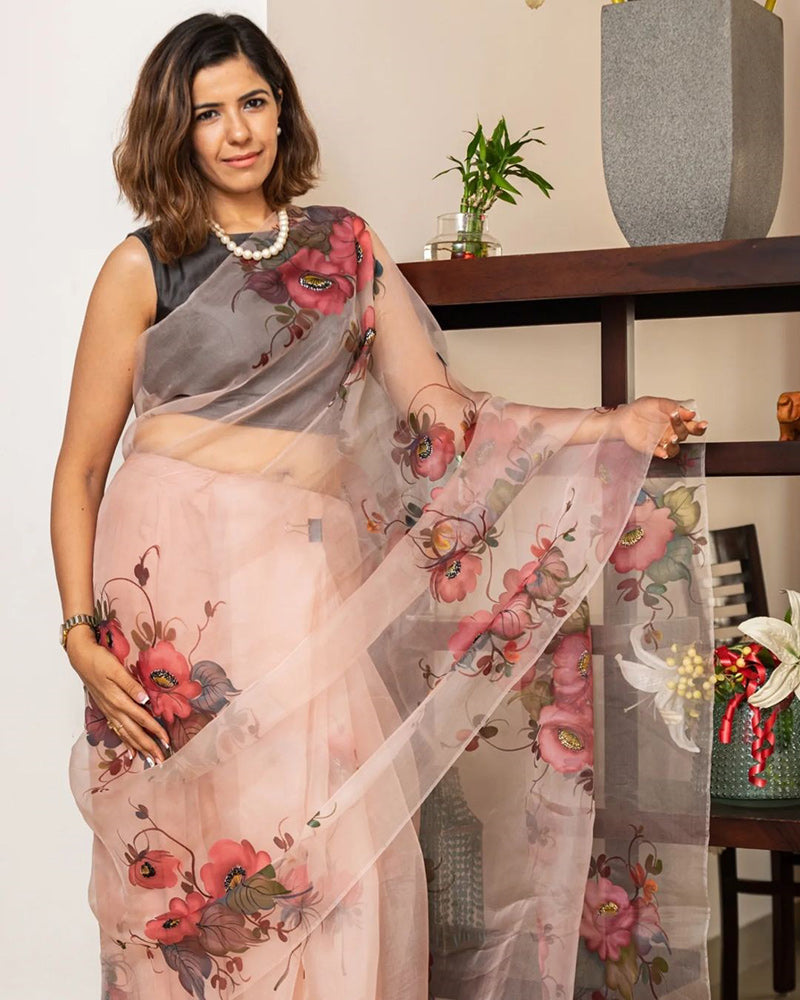 Hand-Painted Rose Gold Silk Organza Saree