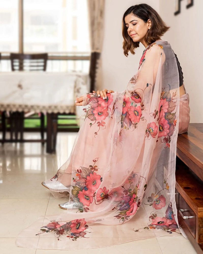 Hand-Painted Rose Gold Silk Organza Saree