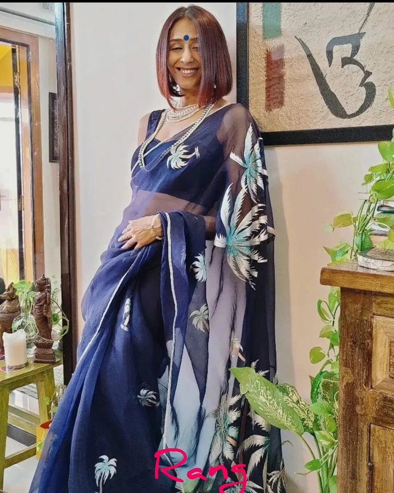 Hand-Painted Midnight Blue Palm Silk Organza Saree