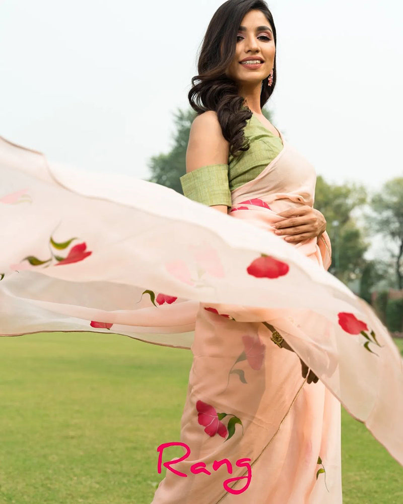 Hand-Painted Peach Floral Pure Chinon Chiffon Saree