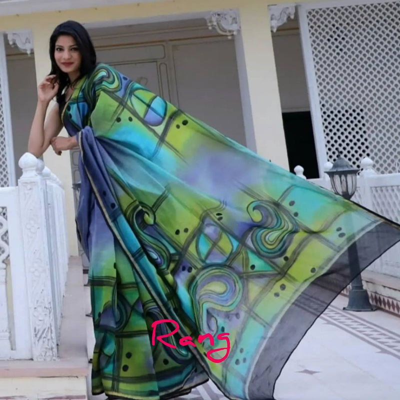 Hand-Painted Multi-Coloured Abstract Chanderi Silk Saree