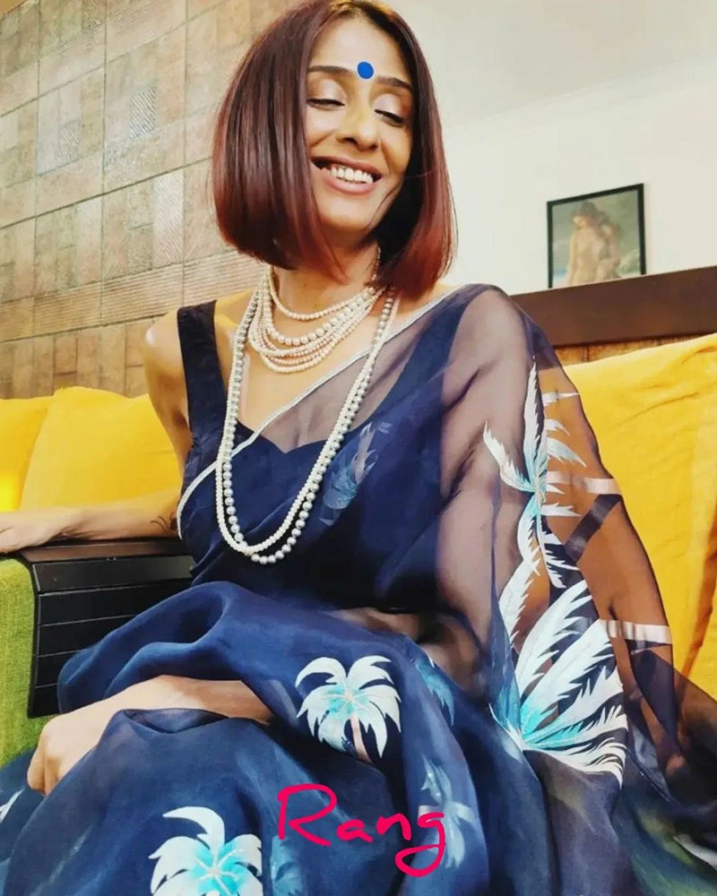 Hand-Painted Midnight Blue Palm Silk Organza Saree