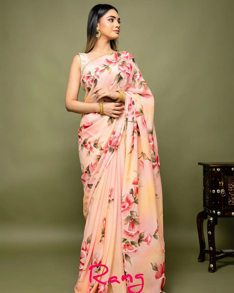 Hand-Painted Shaded Peach Chinnon Chiffon Saree